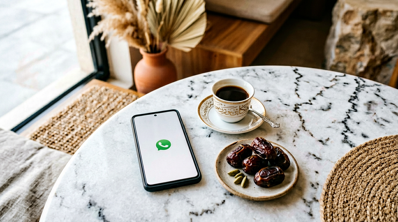 Flat lay: smartphone with messaging app icon, Arabic coffee and dates on marble — social commerce theme