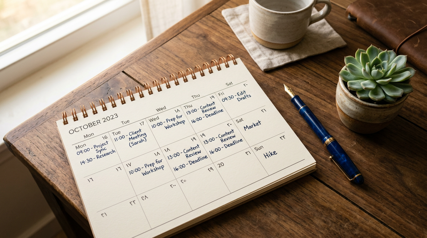 Paper calendar, pen and plant on wood — scheduling and reminders without screens